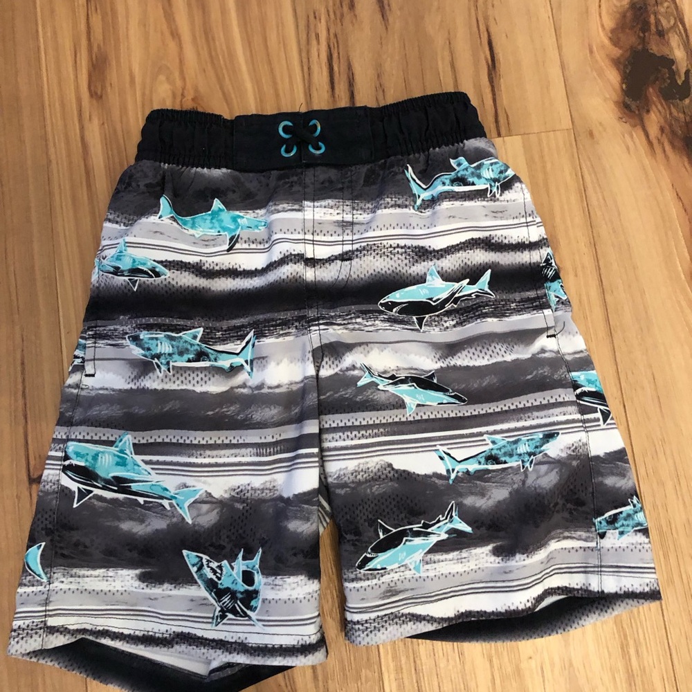 Kids Shark Print Swim Shorts - Teal & Gray